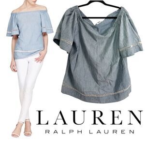 Lauren Ralph Lauren Women's Denim Light Blue Off-Shoulder Blouse L